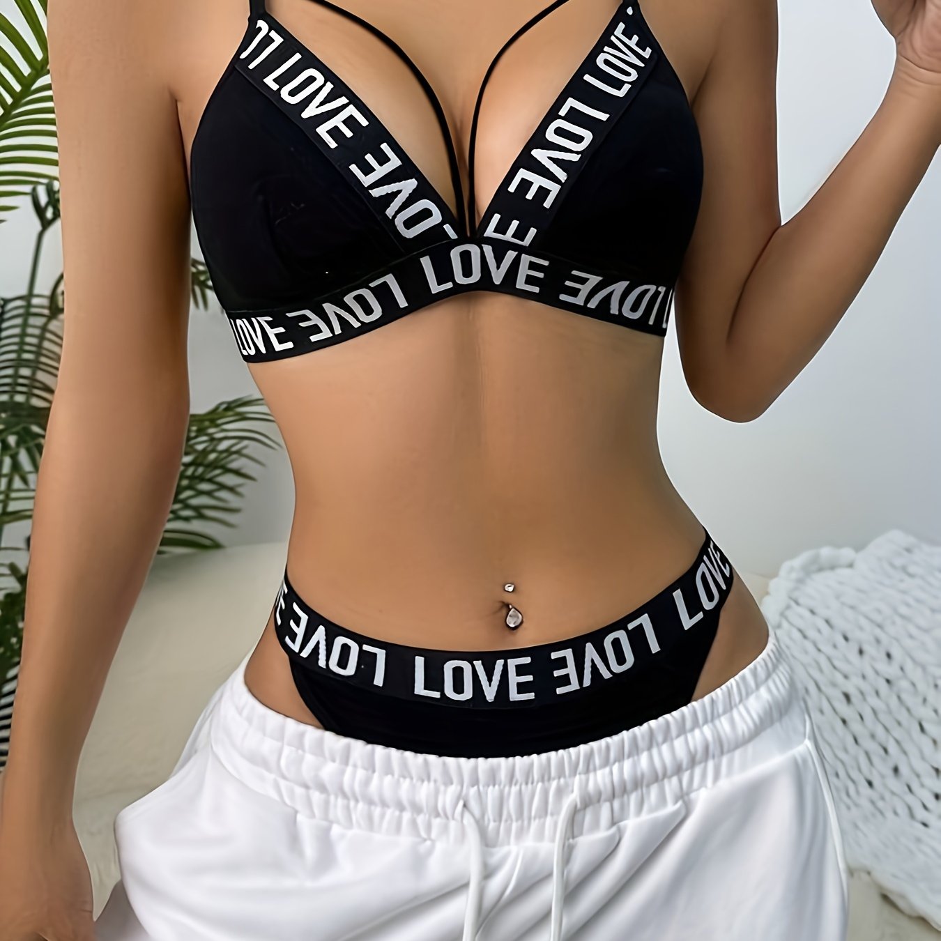 Letter Tape Cut Out Bra & Panty, Strappy Bra & Panties Lingerie Set,/MH
