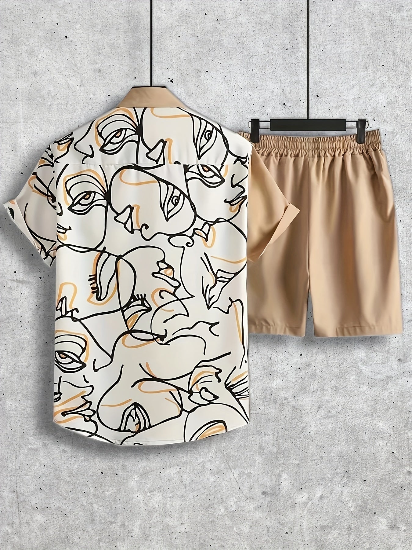 Abstract Painting Print, Men's 2Pcs Outfits, Casual Camp Collar Lapel Button Up.