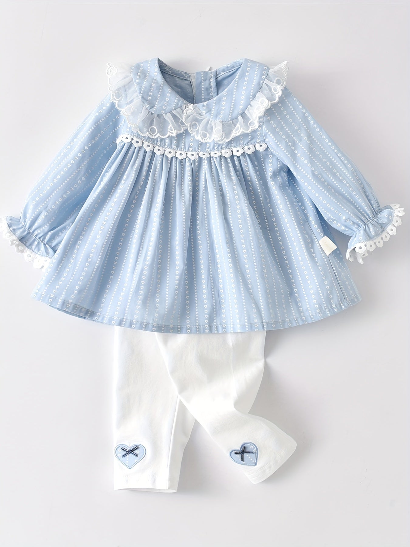 Adorable Baby Girl Spring/Fall Outfit - Long Sleeve Lace Trim Puff Princess Dress Top & Pants Set