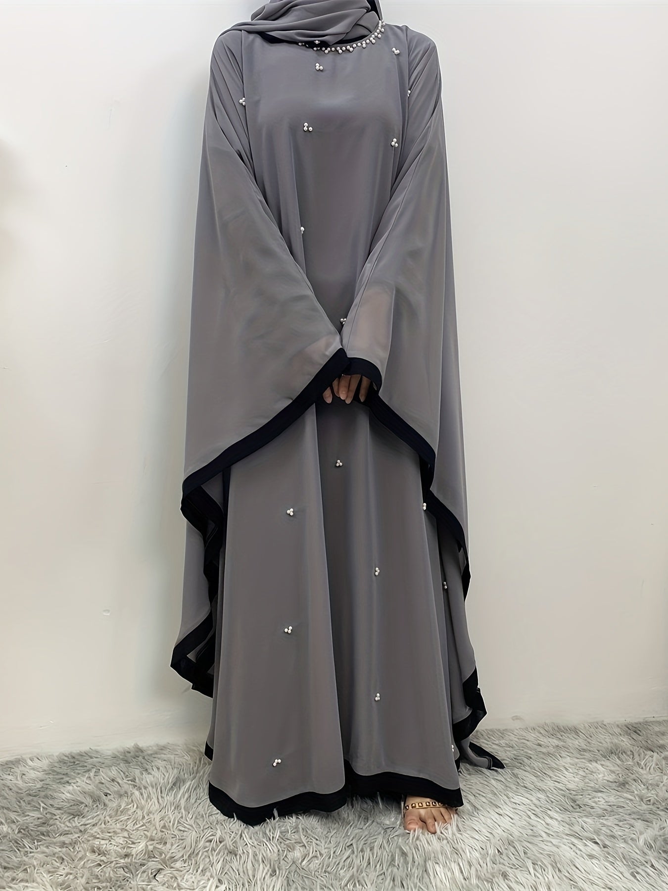 Beaded Contrast Trim Modest Dress, Elegant Batwing Sleeve Loose Maxi '/MH