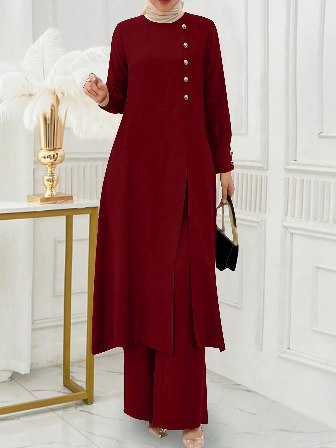 Solid Color Button Design Long Sleeve Top and Pants Set, Arabic Style,/MH