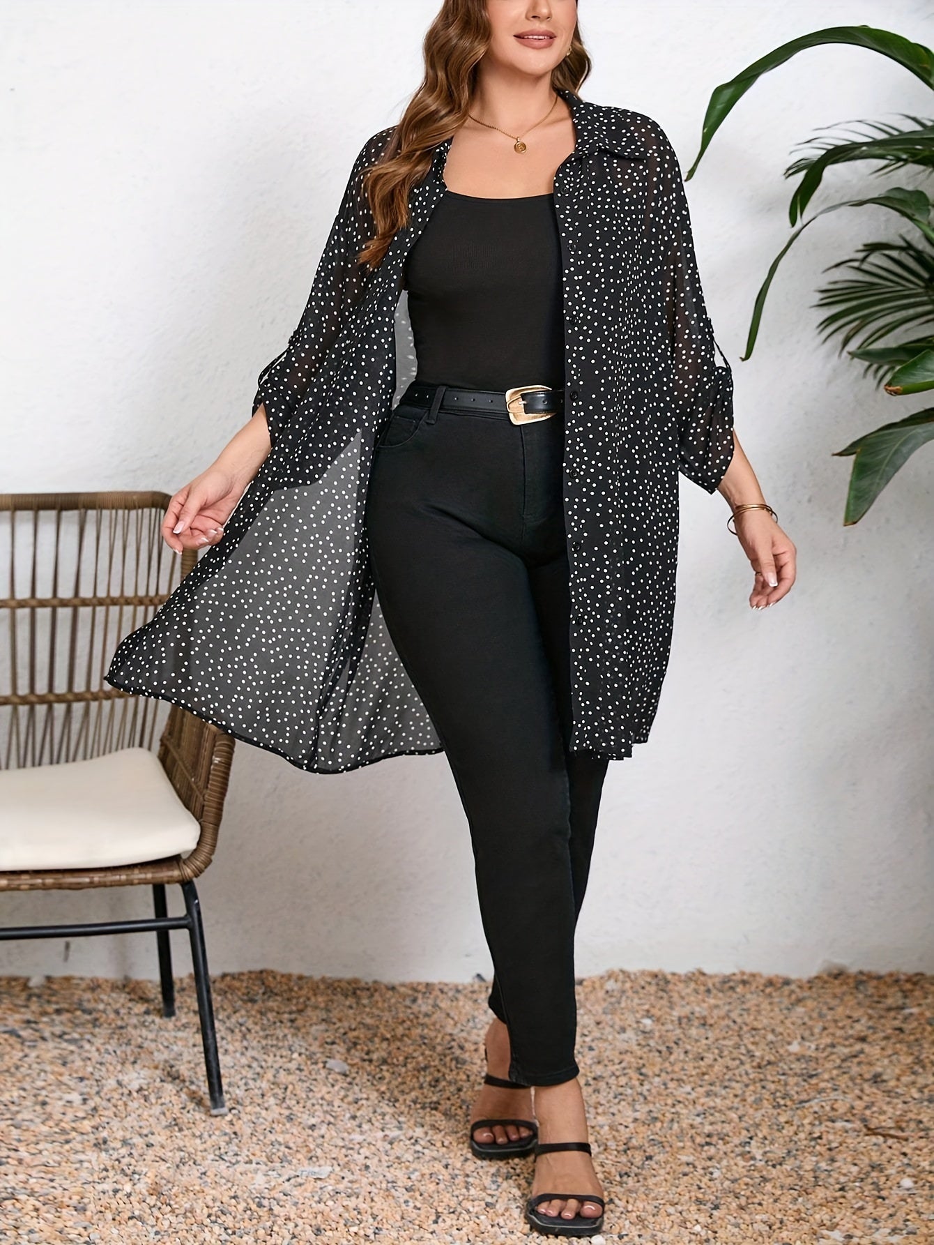 Chic Plus Size Polka Dot Blouse with Cuffed Sleeves Button-Up Shirt for Women,