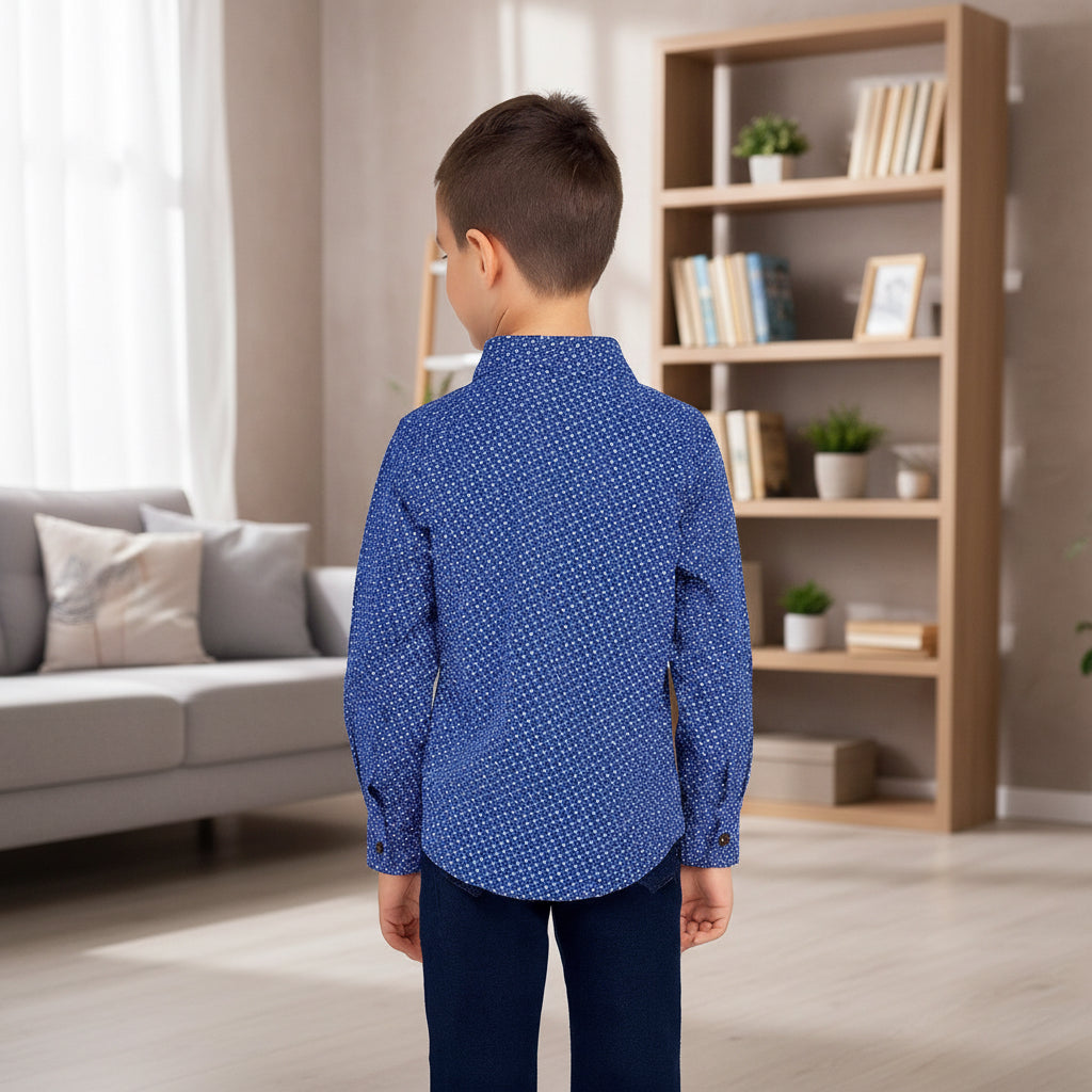 Boys’ Blue Red Trim Long Sleeve Shirt Button Up Dotted Print | Sizes 2-12 Years | MH