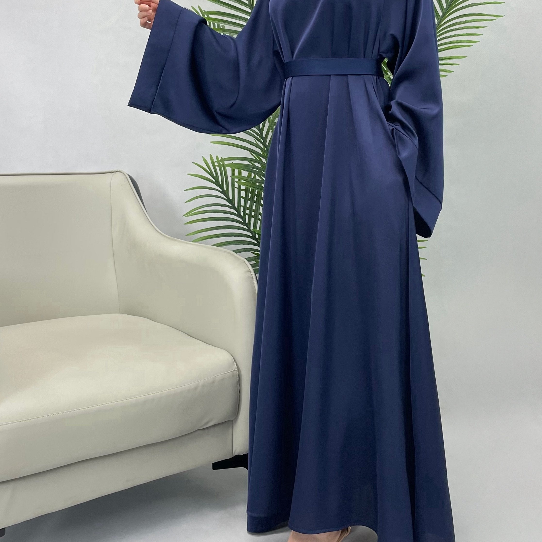 Solid Maxi Kaftan Abaya, Modest Crew Neck Long Sleeve ./MH