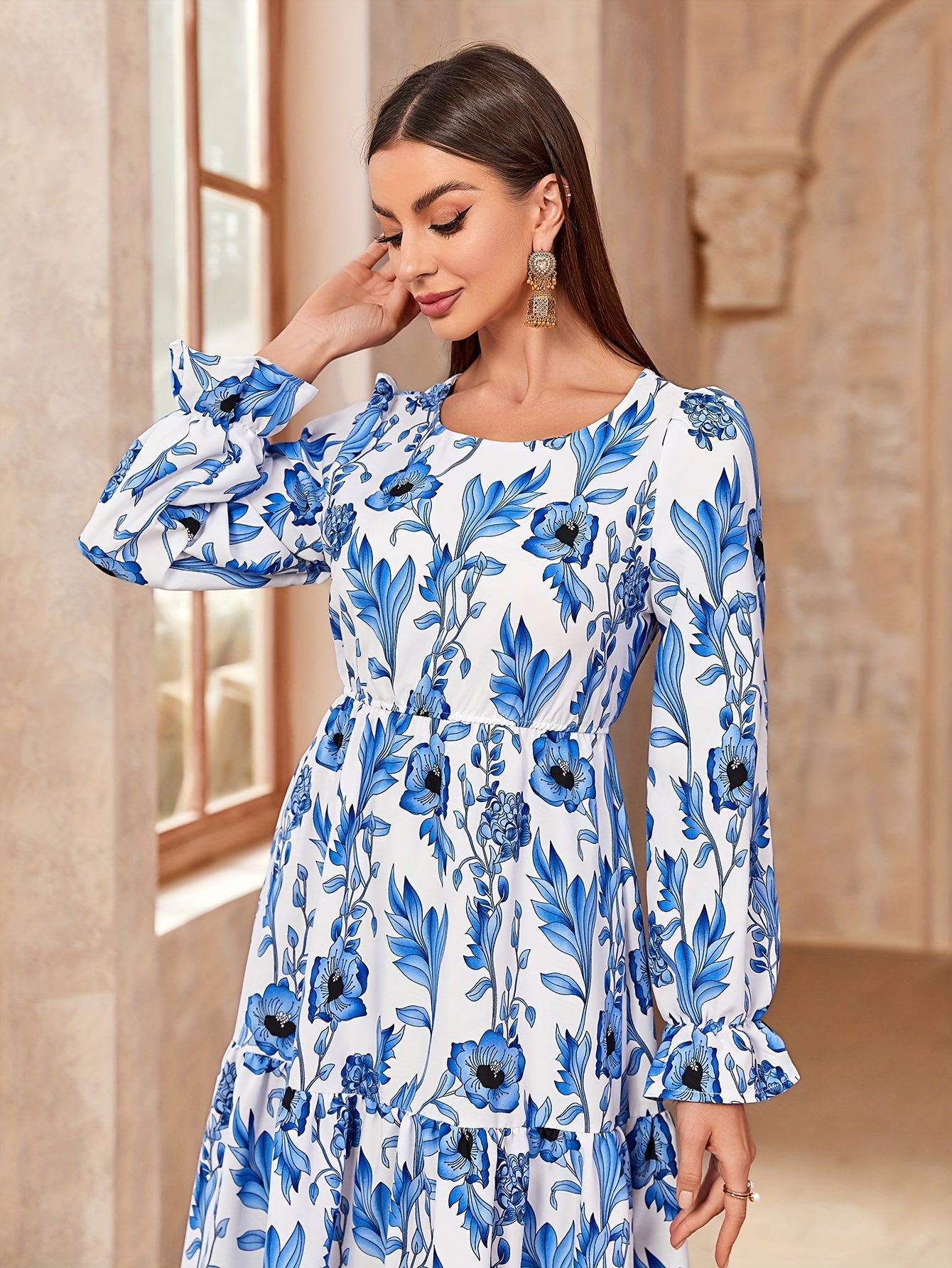Floral Print Crew Neck Kaftan Dress, /MH