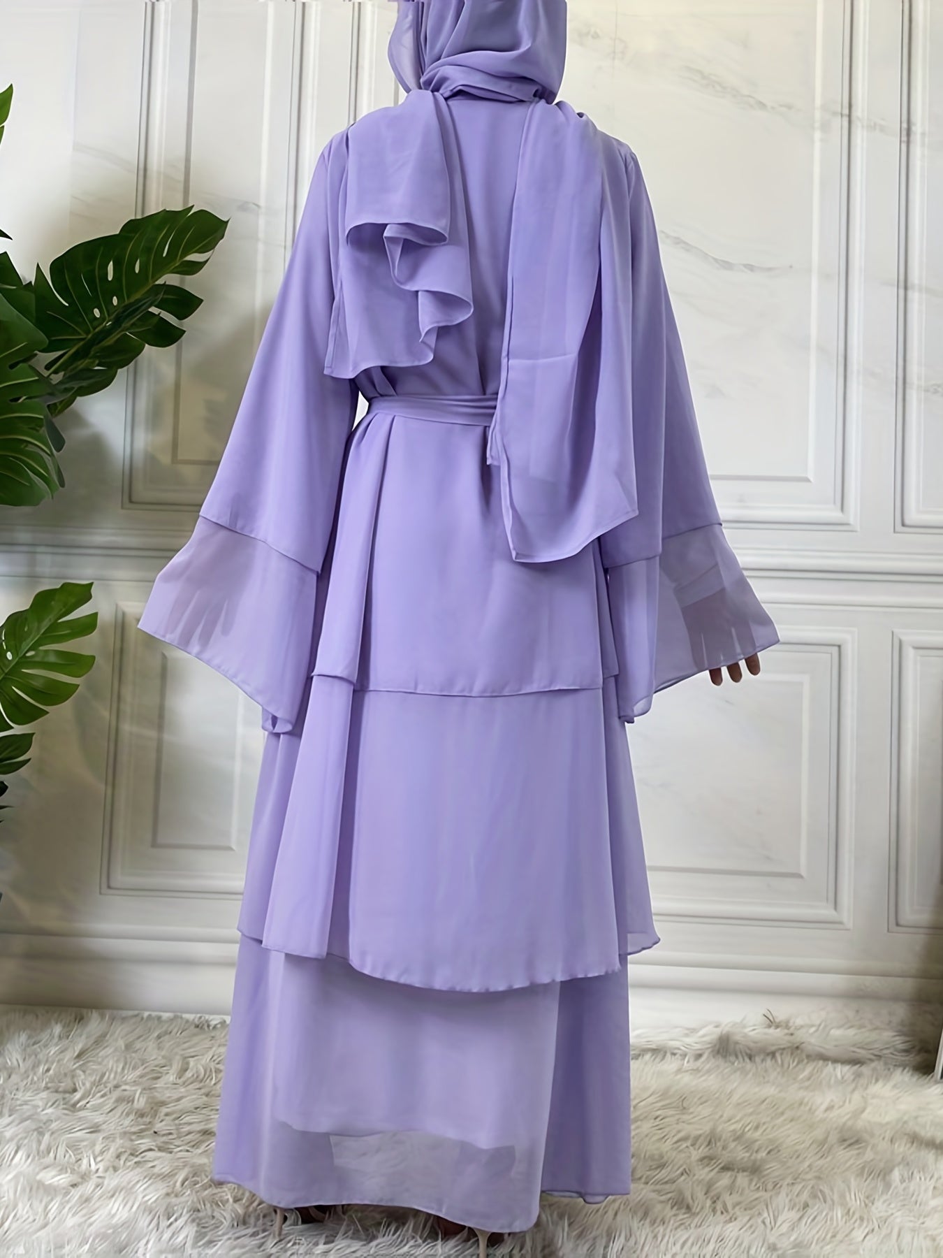 Layered Open Front Modest Dress, Long Sleeve Muslim Dress'/MH