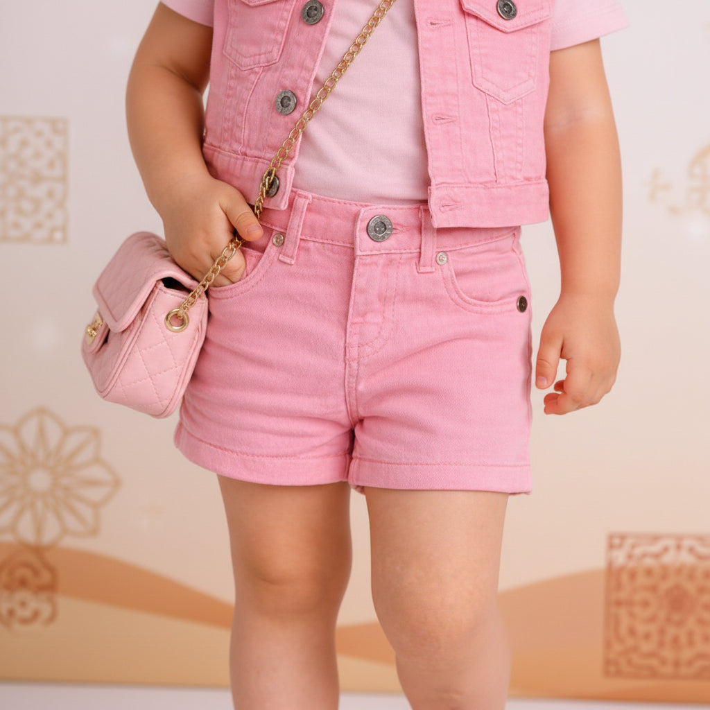 Girls Baby Pink Denim Shorts | Classic 5-Pocket Button Fly | Summer Casual | Ages 3-6 Months-8Years | MH