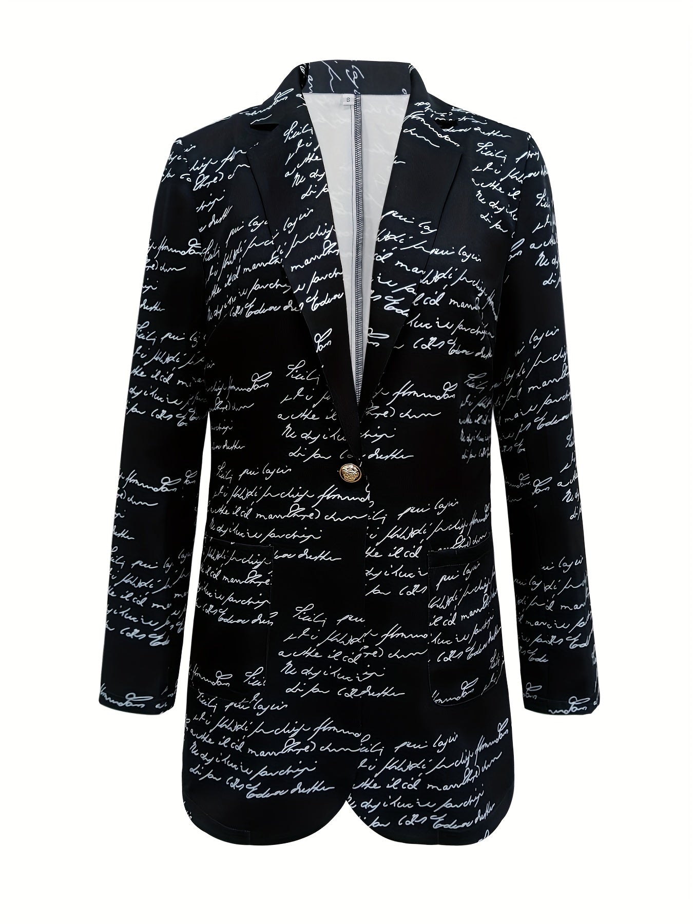 Letter Print Lapel Blazer, Casual One Button Long Sleeve Outerwear,