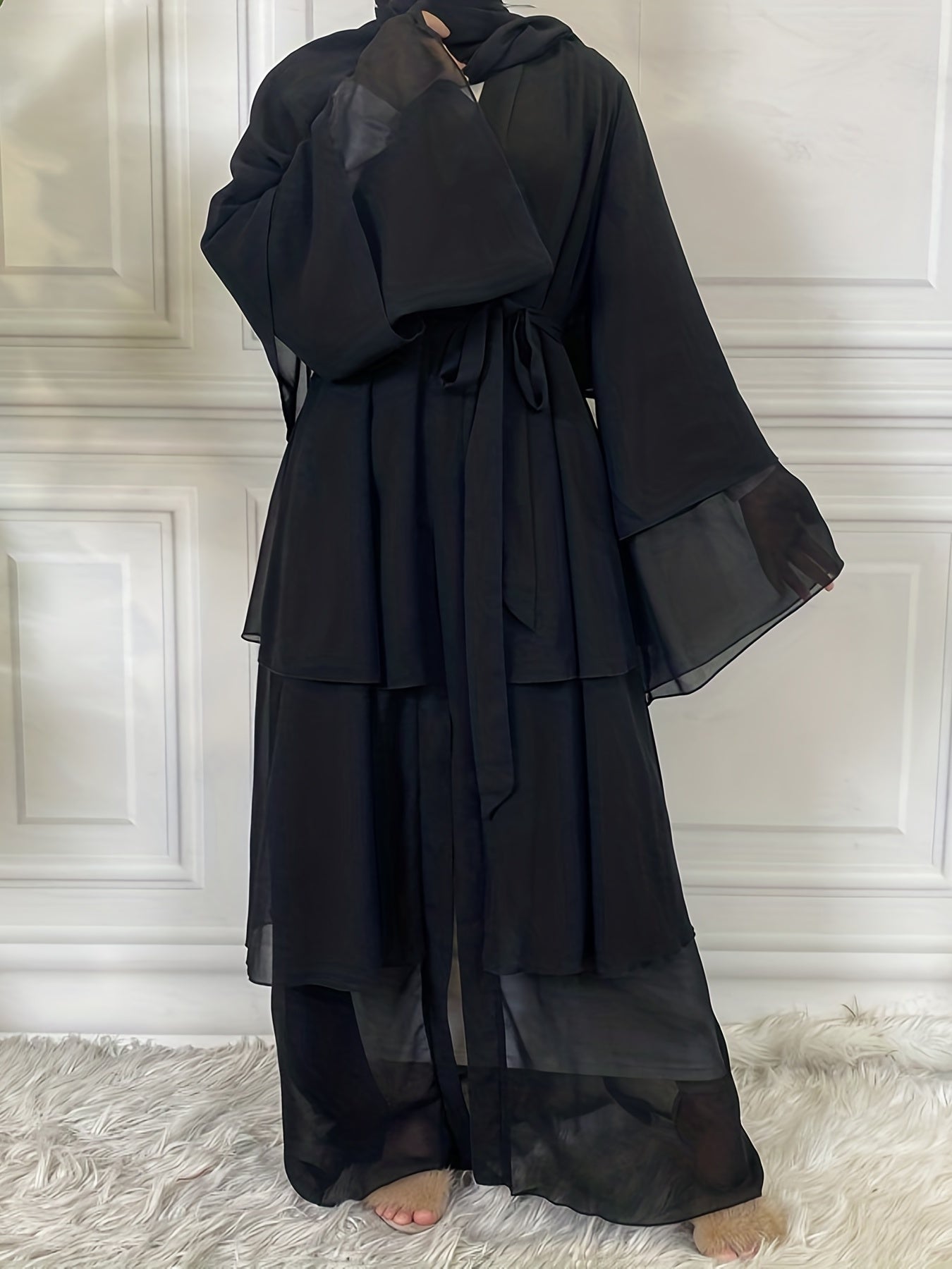 Layered Open Front Modest Dress, Long Sleeve Muslim Dress'/MH