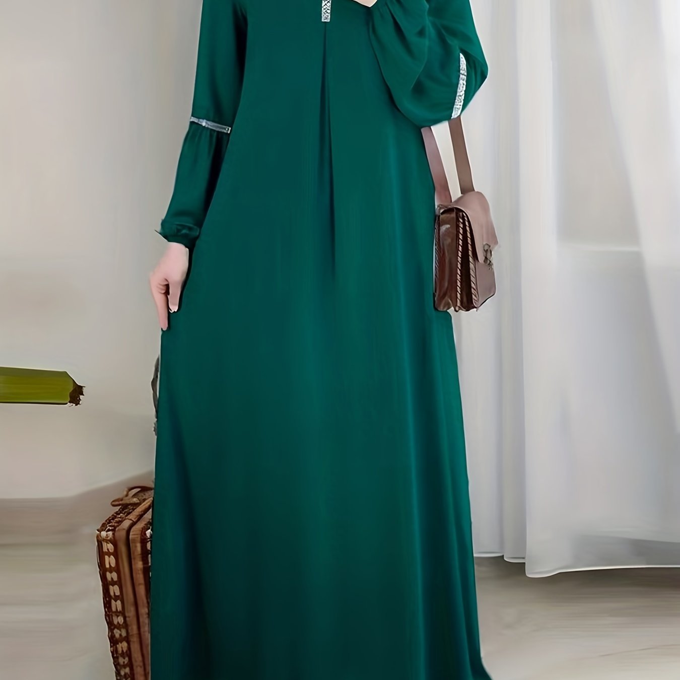 Crew Neck Lantern Sleeve Kaftan Dress, /MH