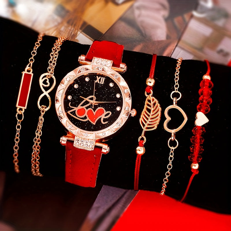 6pcs/set Elegant Flower Rhinestone Quartz Watch Analog PU Leather Wrist Watch & Bracelets, Valentine's Day Ramadan Gifts For Women Her