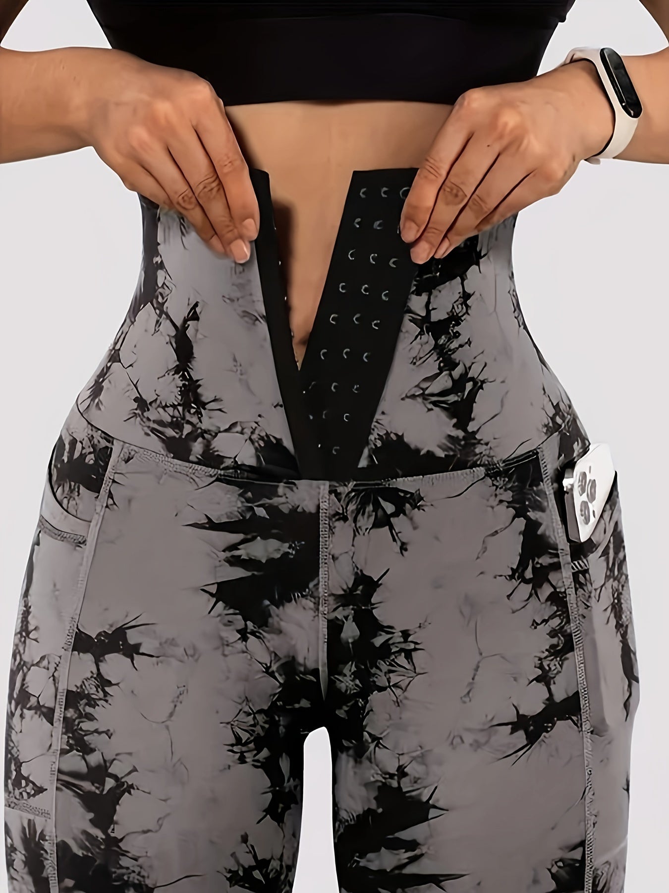 Women'S High-Waist Tie-Dye Yoga Leggings with Front Button Closure & Pockets .