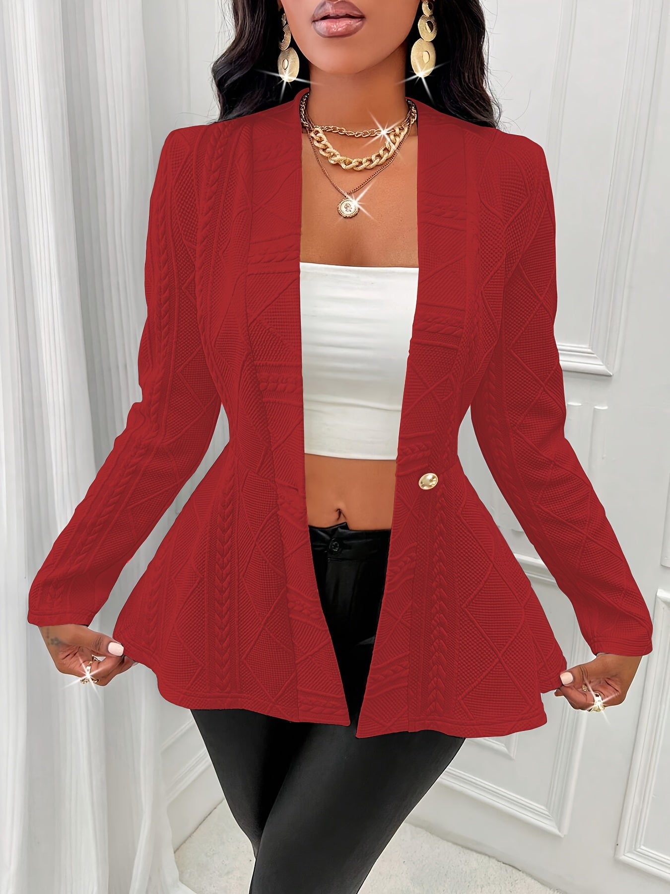Solid Textured Single Button Waist Blazer, Elegant Long Sleeve .