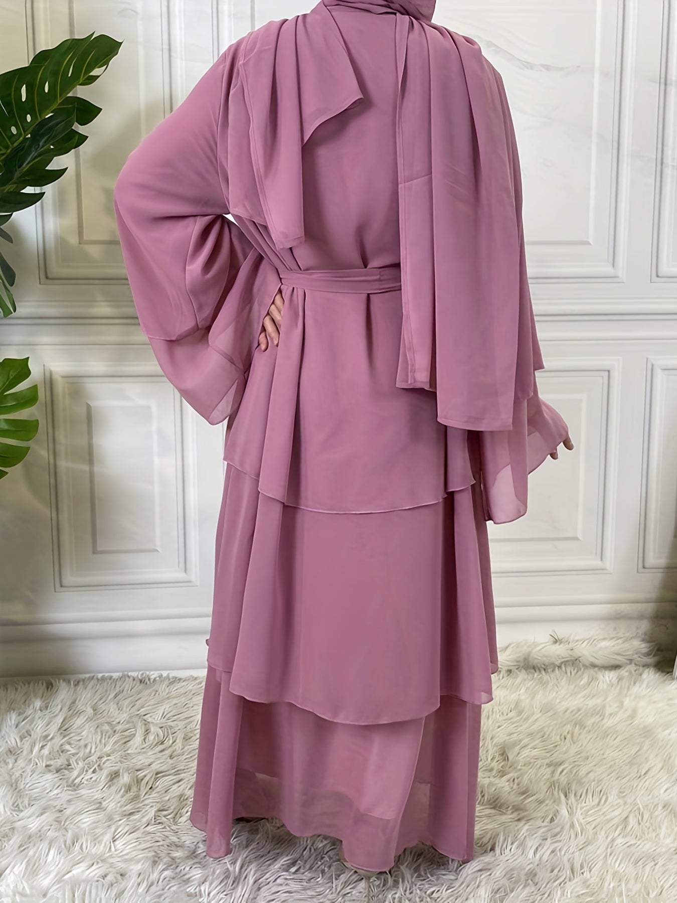Layered Open Front Modest Dress, Long Sleeve Muslim Dress'/MH
