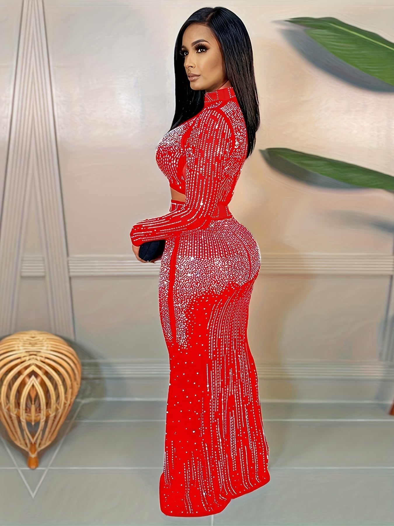 Party Rhinestone Two-piece Set, Bodycon Crop Top.
