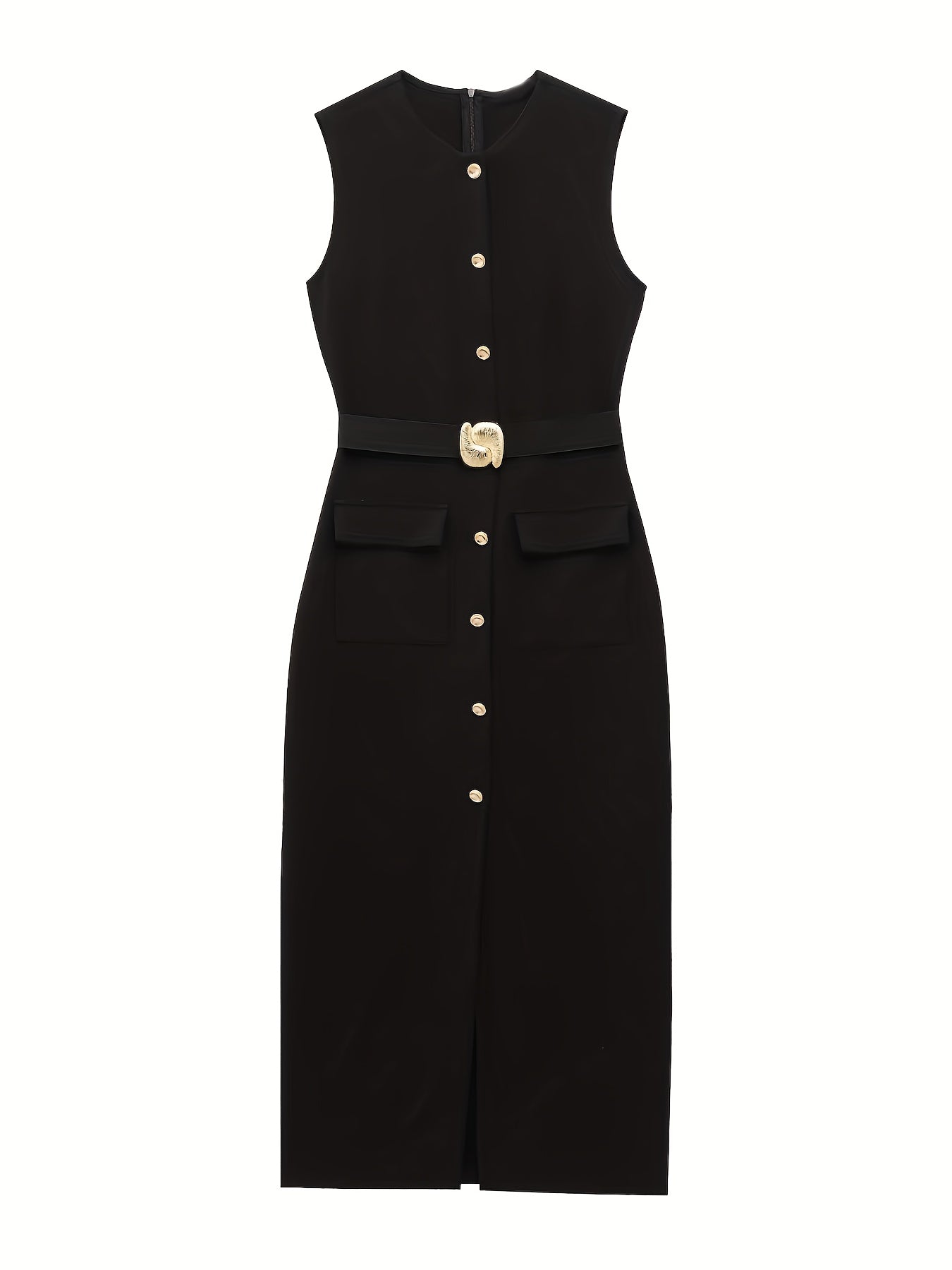 Elegant Women's Black Sleeveless Dress with Waist Belt & Faux Buttons ./MH