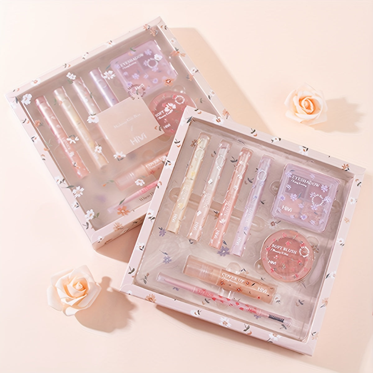 8pcs Flower Language Makeup Gift Box, Velvet Lip Gloss Lipstick Blush Powder Eyeliner Pen Eyeshadow Palette Cosmetics Set, Ideal Gift For Mother's Day Makeup Set