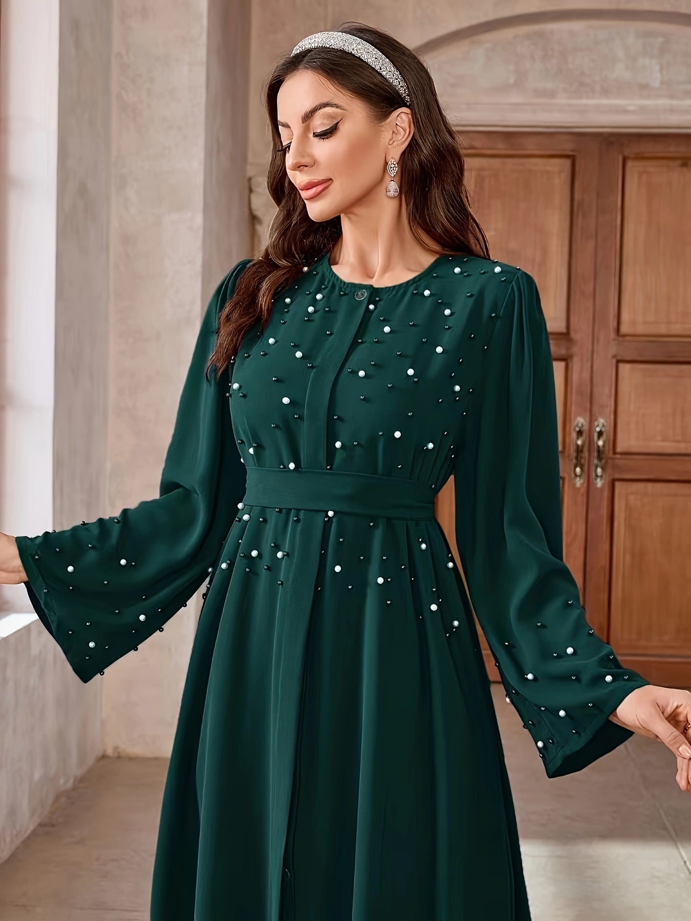 Elegant Navy Blue Abaya with Pearl Embellishments and Belt -/MH