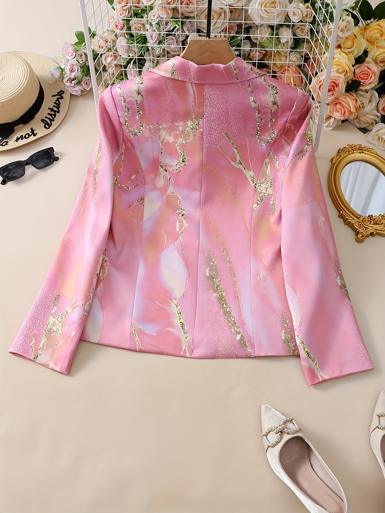 Marble Print Button Front Blazer, Elegant Lapel Neck Long Sleeve.