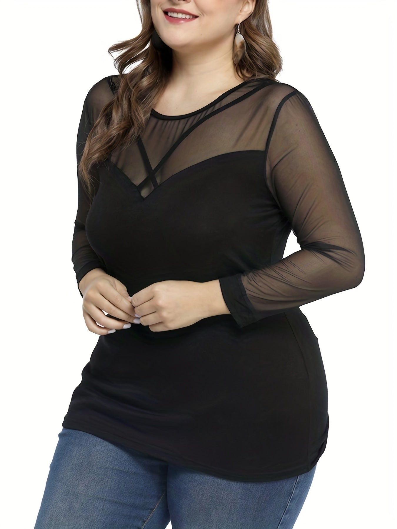 Women's Elegant Mesh Panel Long Sleeve Blouse .
