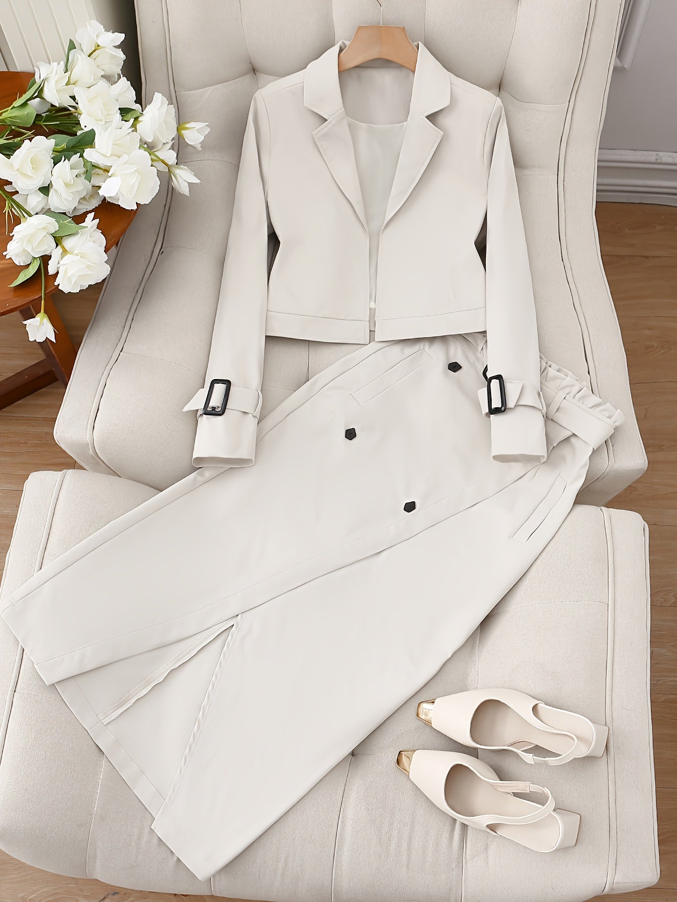 Elegant Women'S Trench Coat Skirt Suit with Belt,