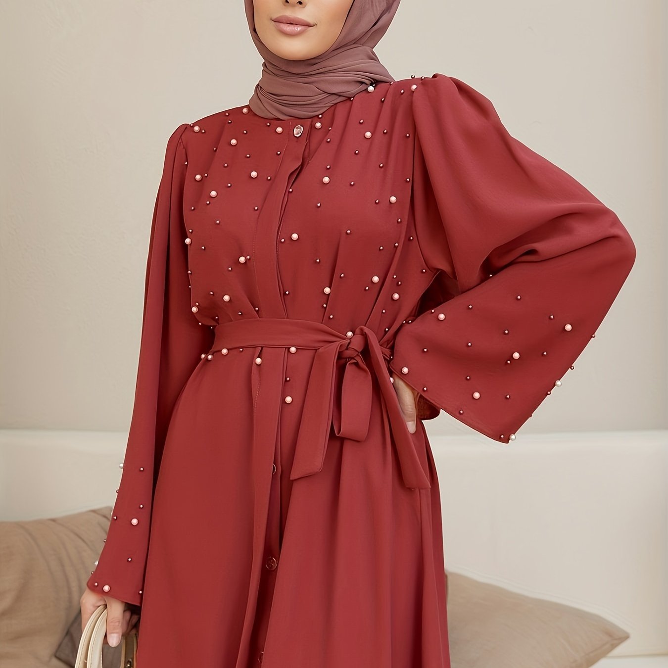 Elegant Navy Blue Abaya with Pearl Embellishments and Belt -/MH