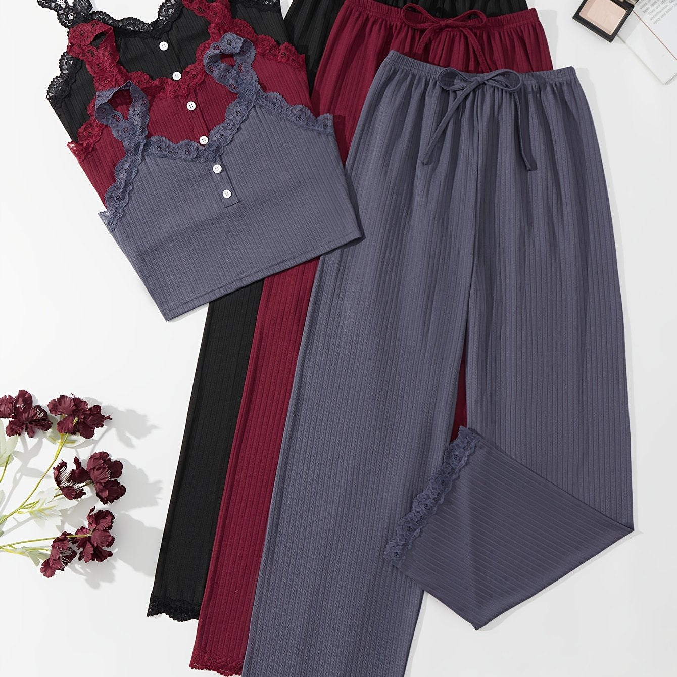 3 Sets Lace Trim Lounge Set,