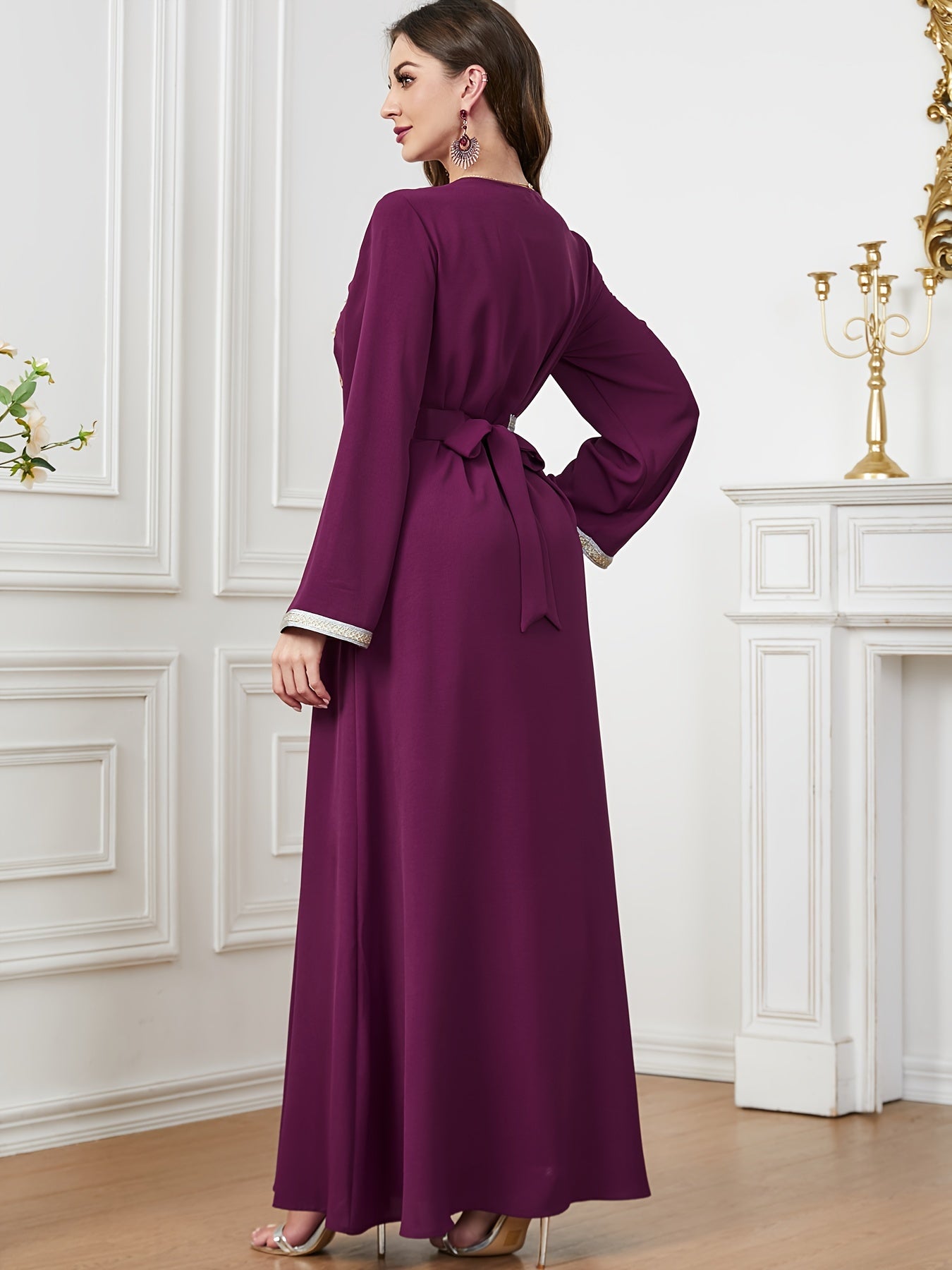 Ramadan Beaded Floral Pattern Kaftan, Elegant Long Sleeve 'MH