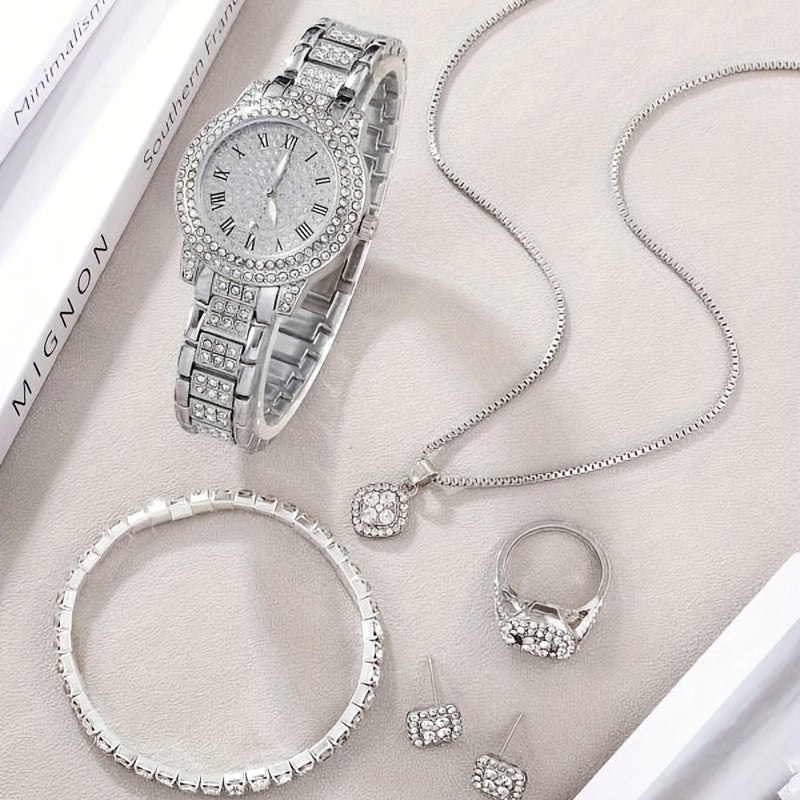 Luxury Rhinestone Quartz Watch Hiphop Fashion Analog Wrist Watch & 6pcs Jewelry Set, Gift For Women Her