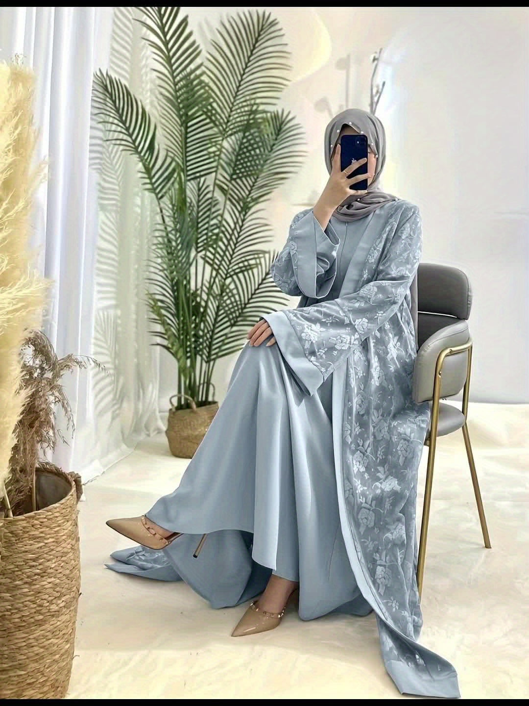 Cultural Grace, Elegant Light Blue Floral Abaya Set - /MH