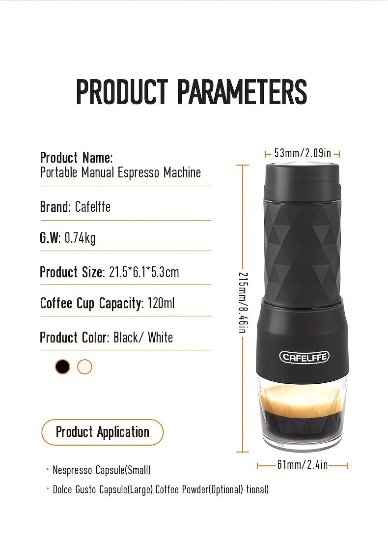Cafelffe 3in 1 Portable Coffee Machine Manual Capsule Espresso Machine Non-heating, Non-electric, Suitable for Nespresso Capsules, Dolce Gusto Capsules and Grind Coffee, Suitable for Car, Travel, Office, Camping and Hiking, T