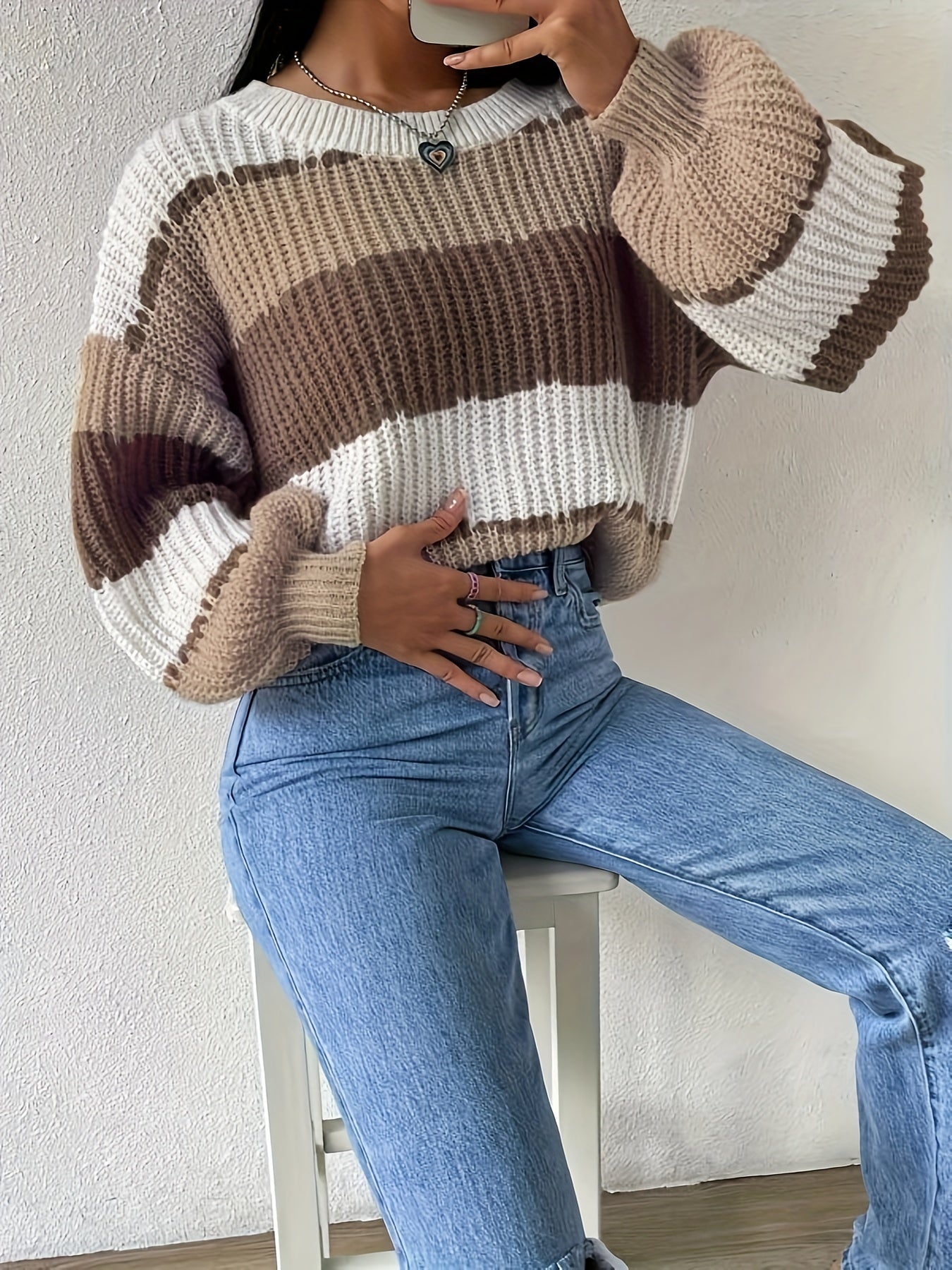 Crew Neck Pullover Sweater, Casual Lantern Sleeve Loose Sweater,
