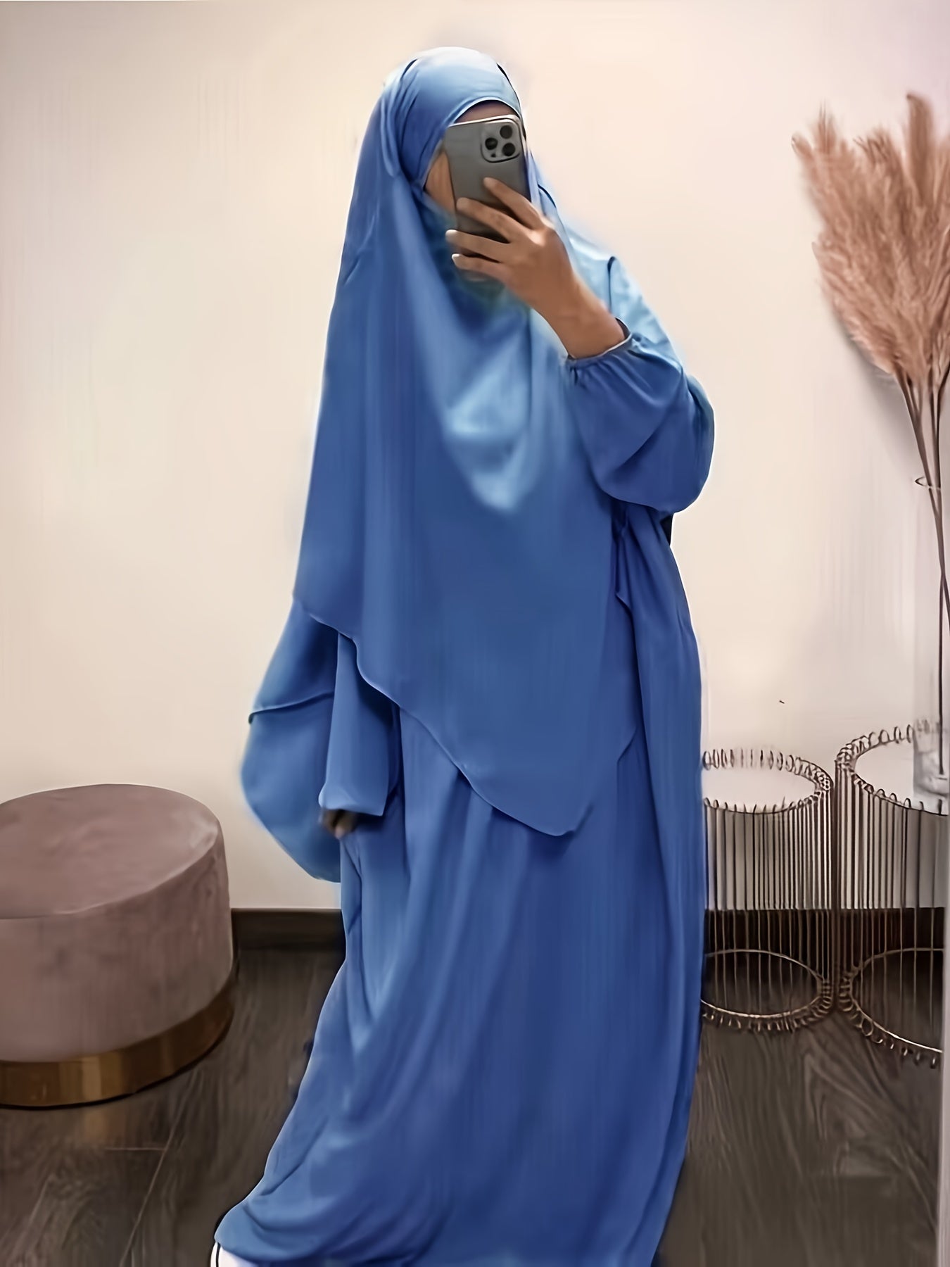 Solid Color Simple Modest Dress, Elegant Long Sleeve Maxi Dress With Hijab, /MH