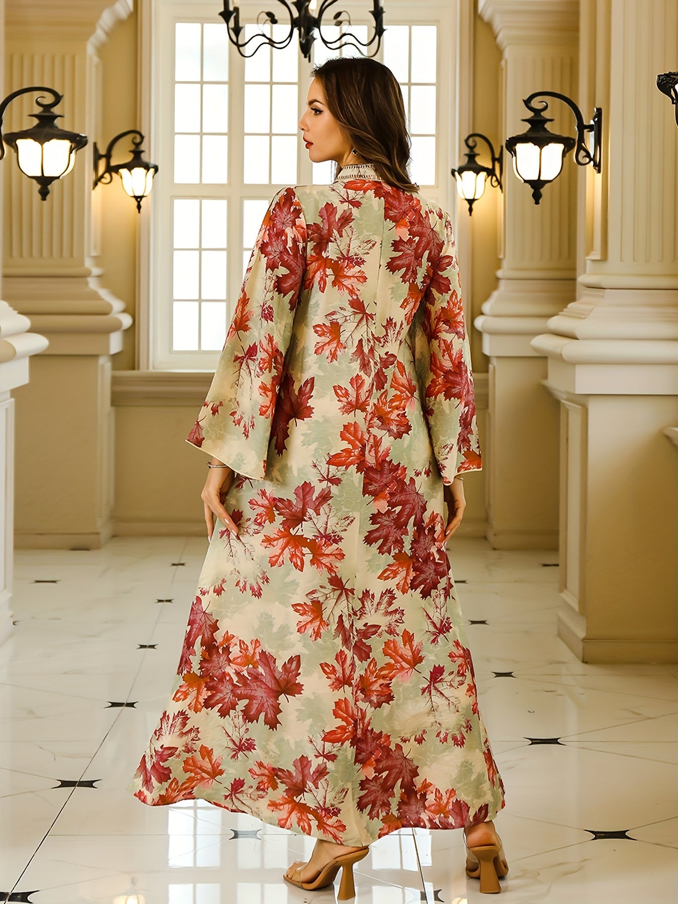 Maple Print Tie Neck Kaftan Dress, Elegant Long Sleeve 'MH