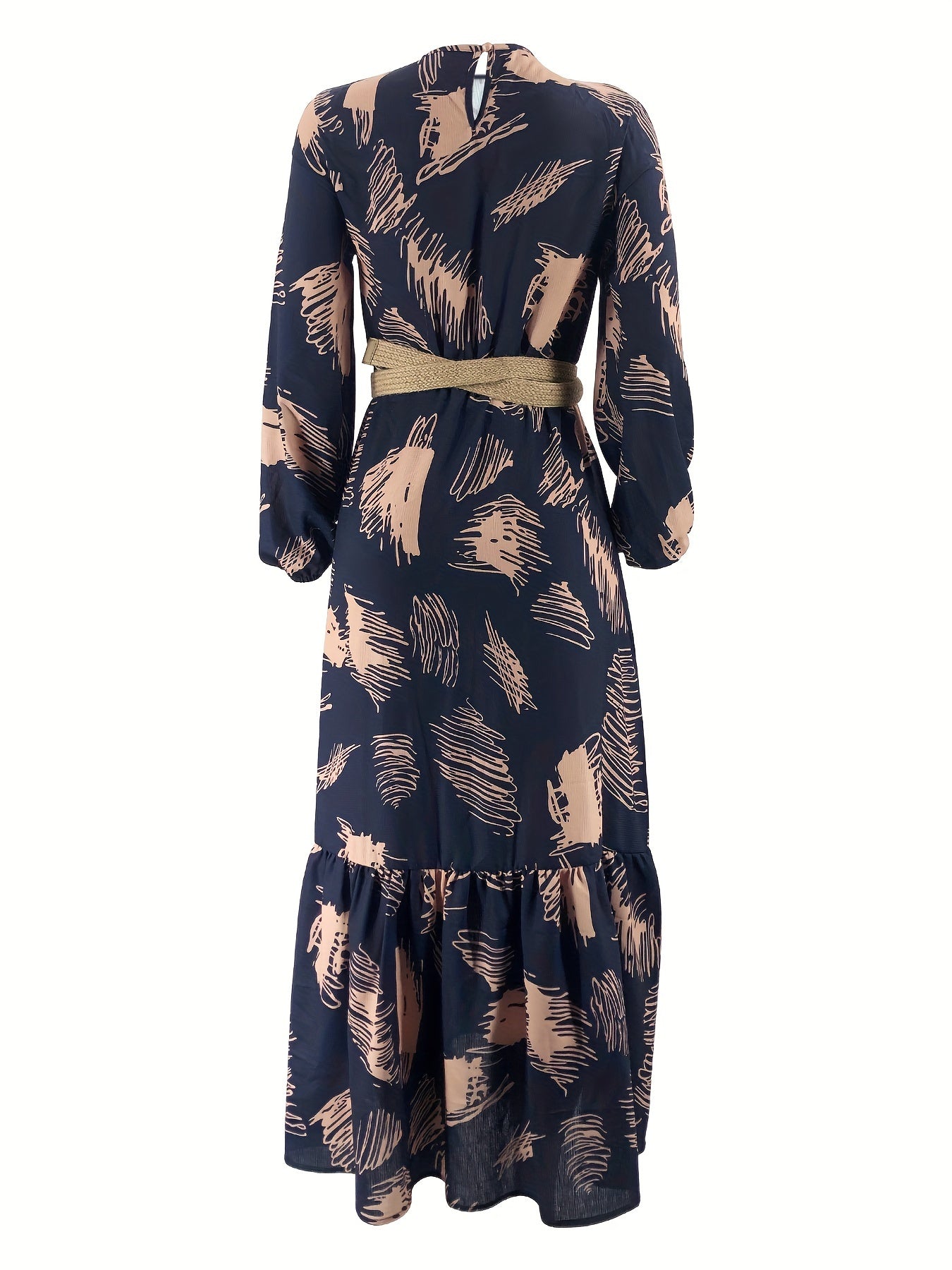 All Over Print Crew Neck Kaftan, Casual Long Sleeve Maxi Dress,/MH