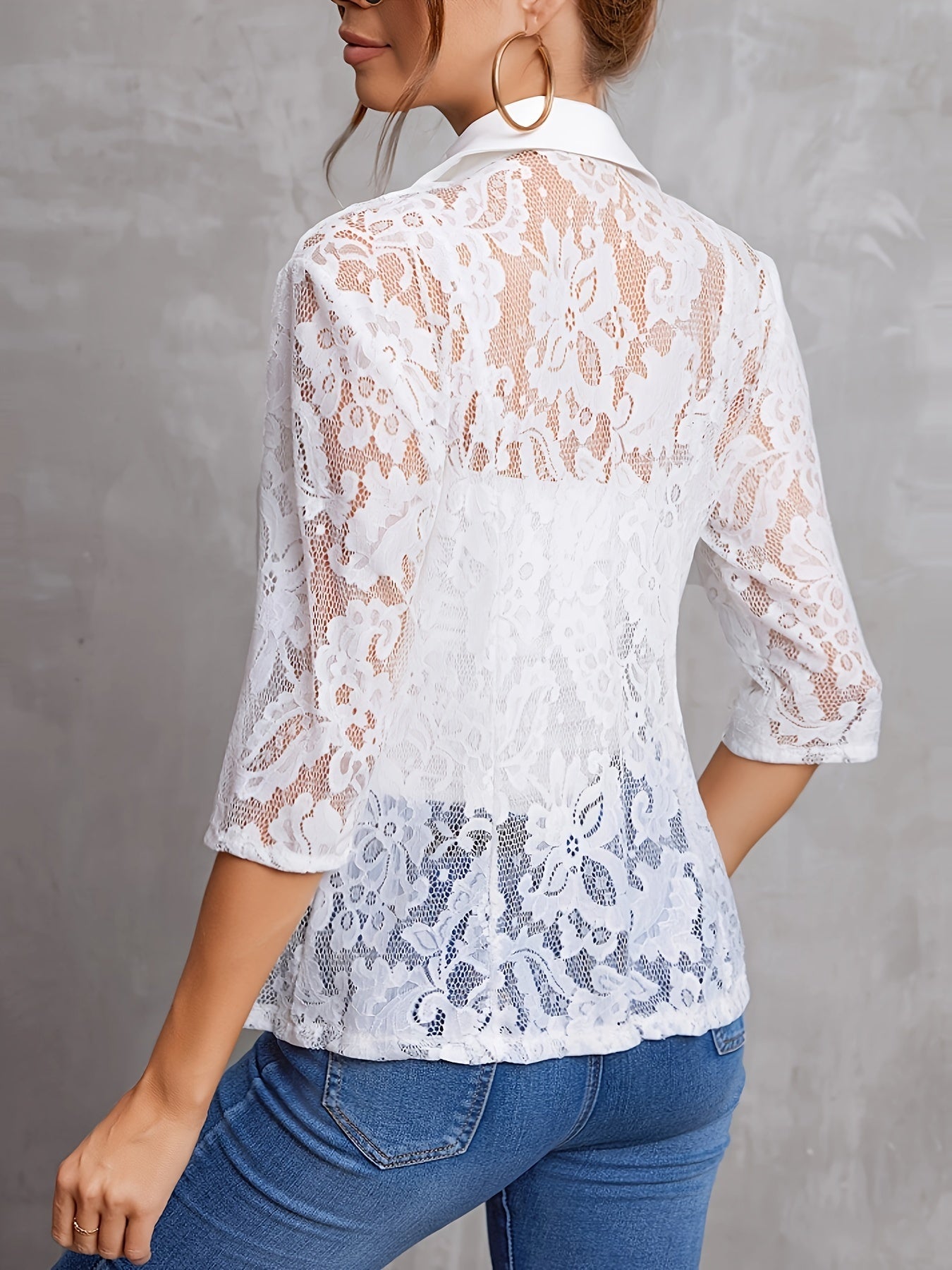 Contrast Lace Open Front Blazer Casual 3/4 Sleeve Blazer.