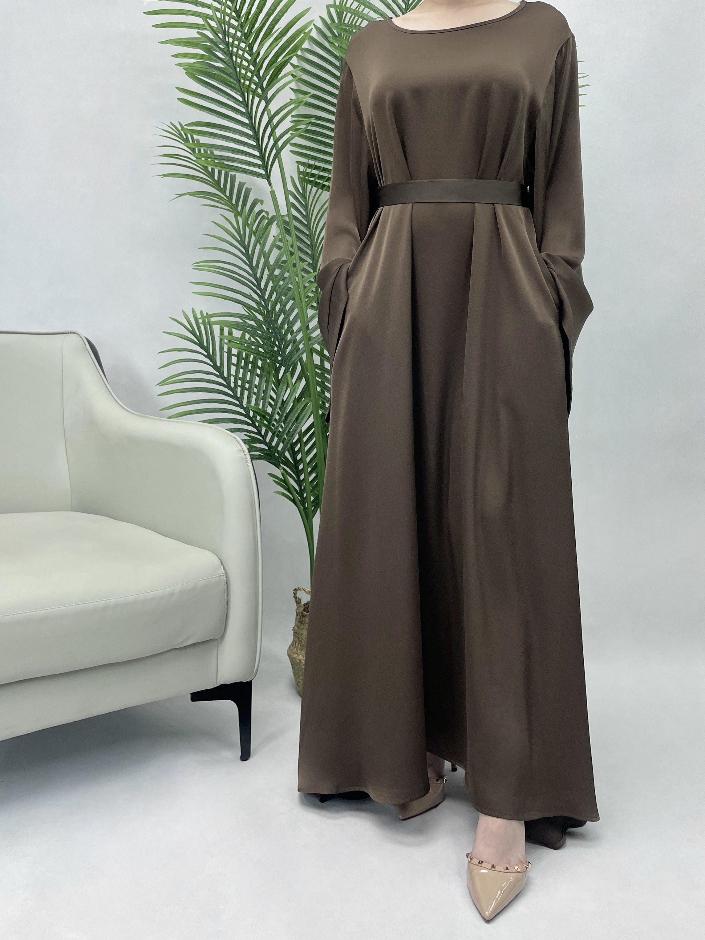 Solid Maxi Kaftan Abaya, Modest Crew Neck Long Sleeve ./MH