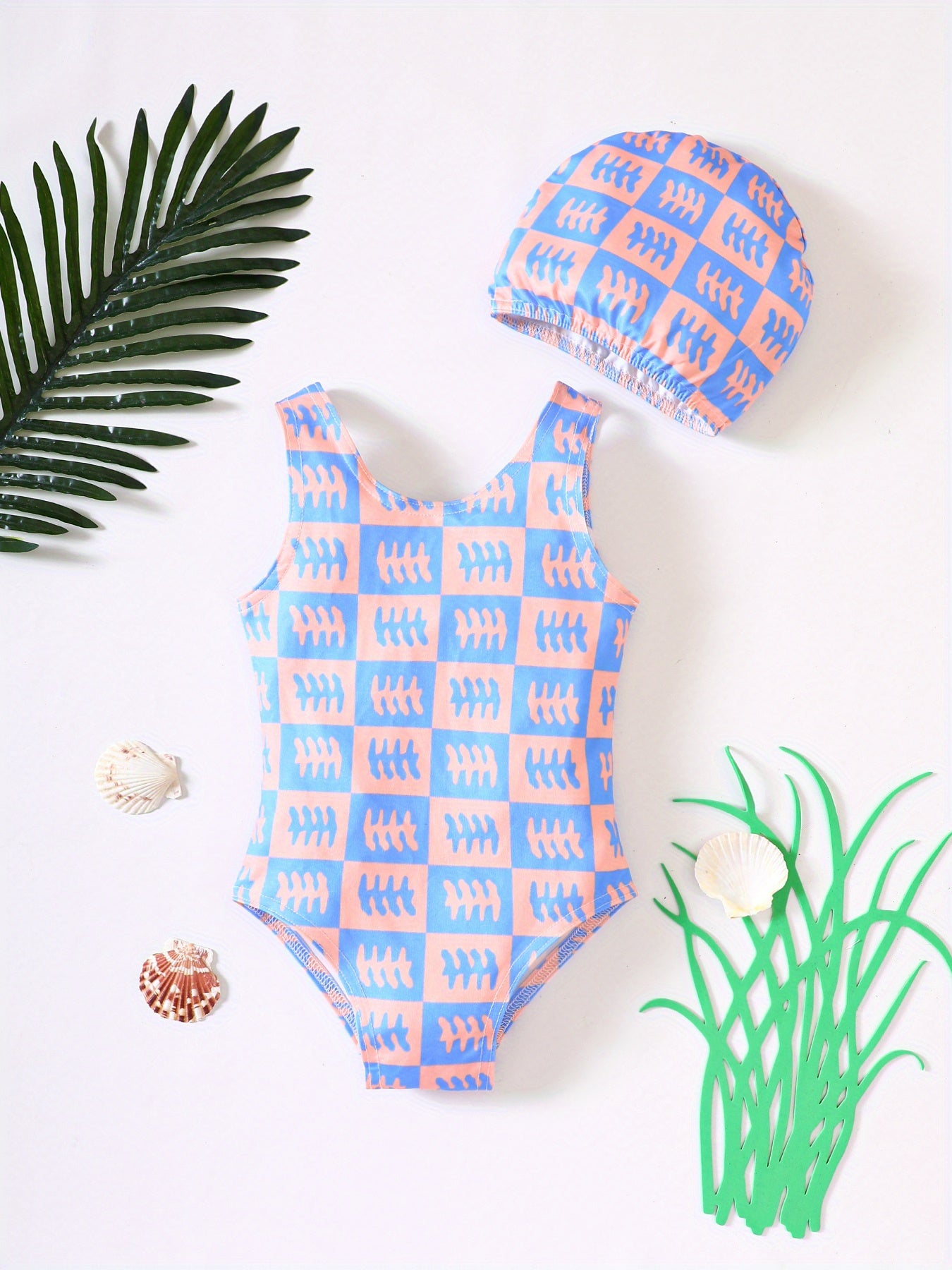 2 Pcs Girl's Onesie Swimsuit & Swimming Cap,