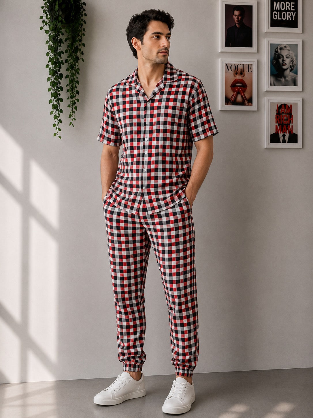 Men's Red, Black, and White Checkered Loungewear Set | Sizes S-XXL | MH