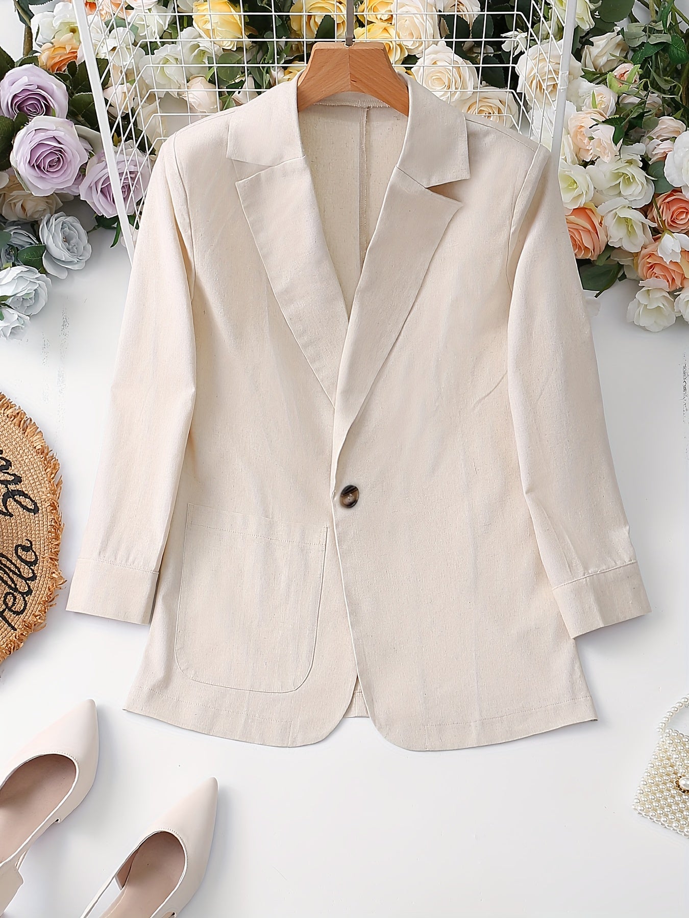 Single Button Lapel Collar Blazer, Elegant Solid Long Sleeve.