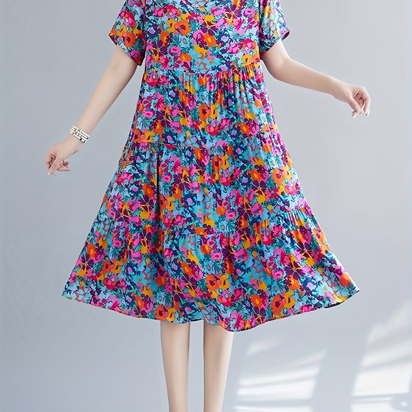 Paisley Print Crew Neck Dress, Casual Short Sleeve Loose Fit Dress./MH