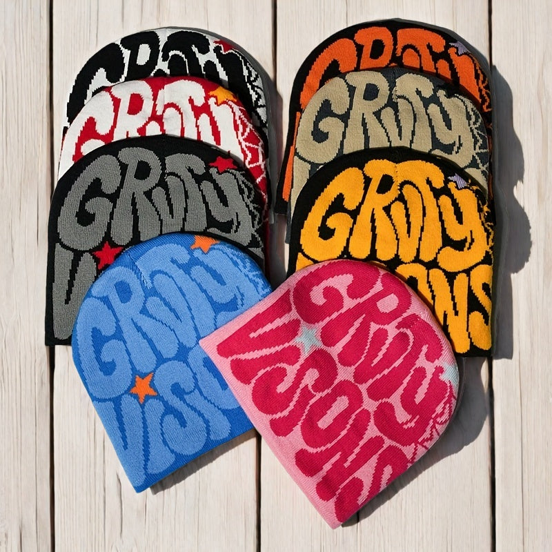 Unisex Alphabet Embroidered Knit Beanie Hat Casual Acrylic Stretch