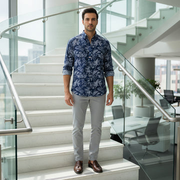Men's Navy Floral Print Slim-Fit Shirt | Premium Cotton Smart-Casual Button-Down | Sizes M-XL | MH