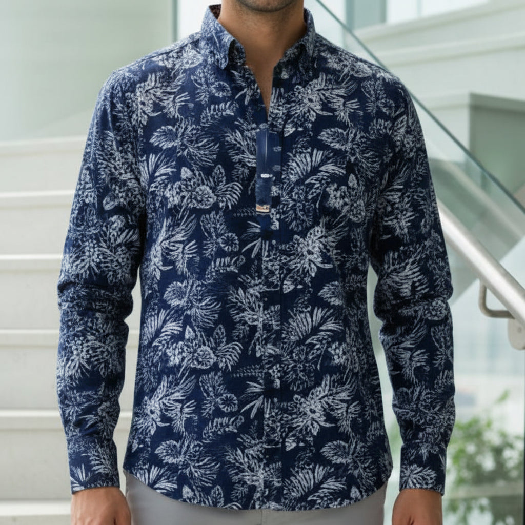 Men's Navy Floral Print Slim-Fit Shirt | Premium Cotton Smart-Casual Button-Down | Sizes M-XL | MH