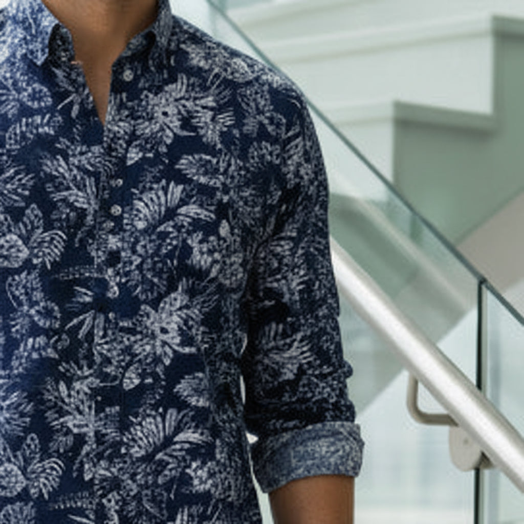 Men's Navy Floral Print Slim-Fit Shirt | Premium Cotton Smart-Casual Button-Down | Sizes M-XL | MH