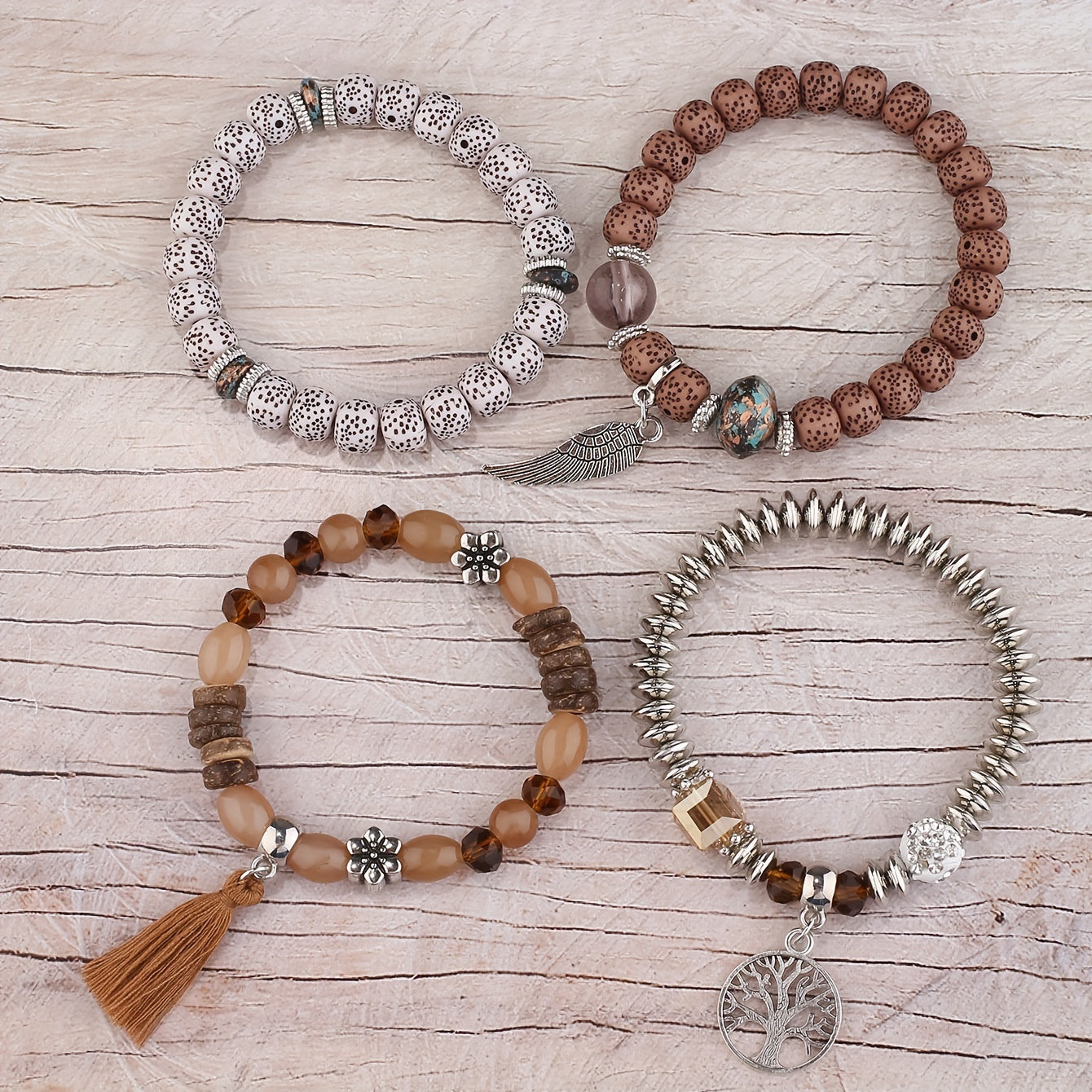 4pcs/set Bohemian Hand String, Tree Of Life Feather Wings Pendant Bracelet, Tassel Couple Handmade Unisex Bracelet, Father's Day Gift