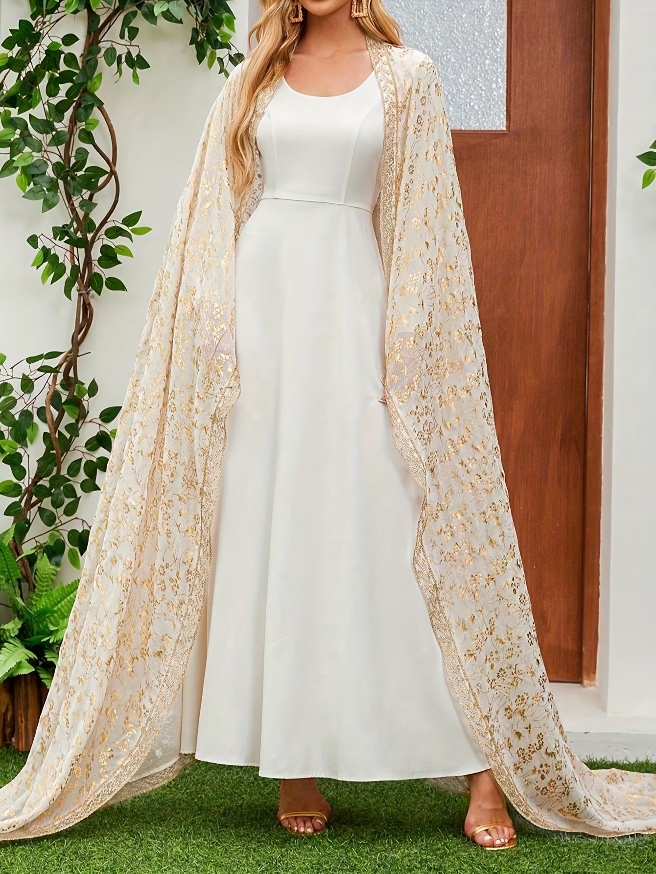Women'S Floral Pattern Two-Piece Set with Shawl, Elegant Long Sleeve Abaya Dress .MH