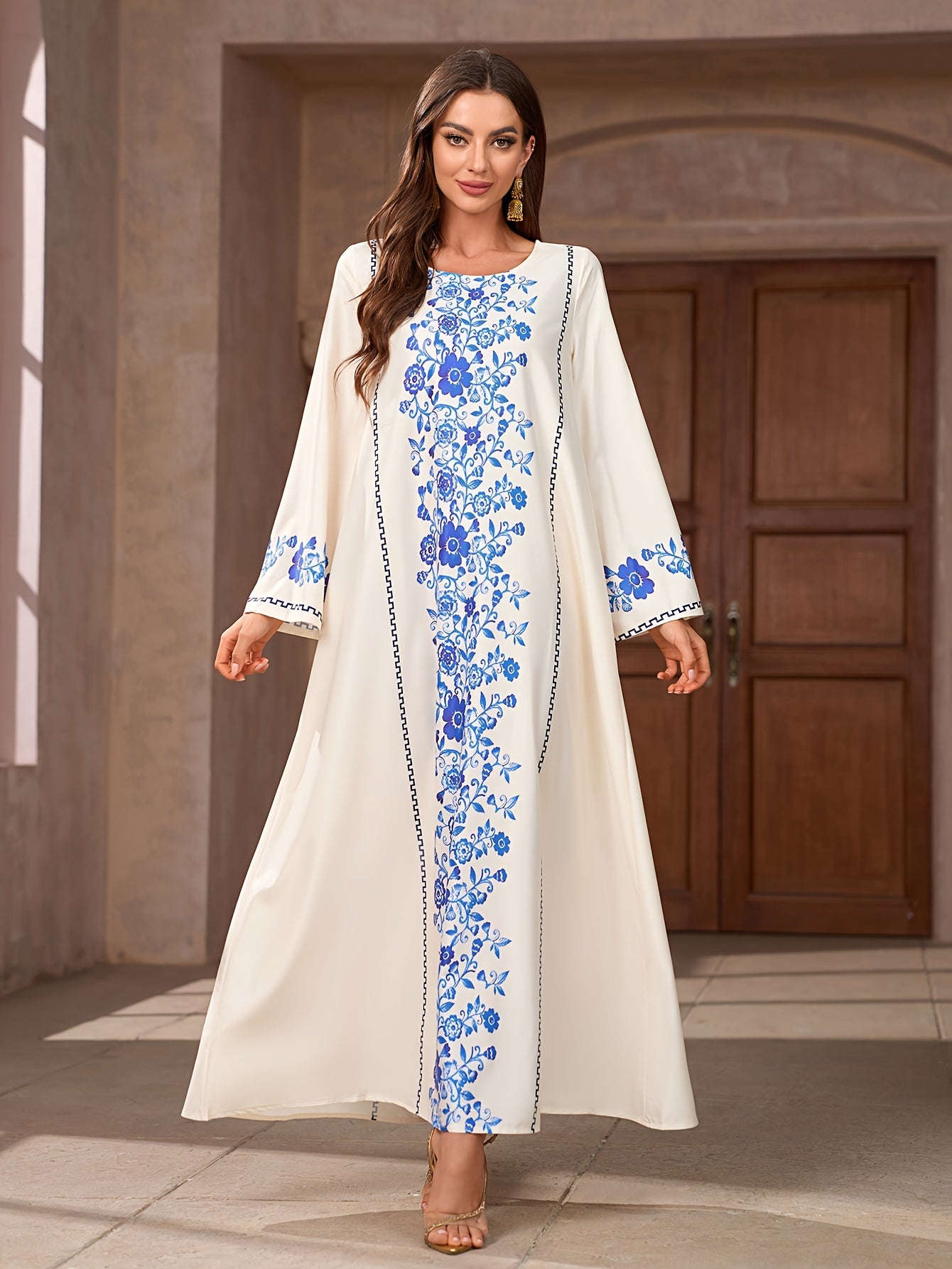 Floral Print Crew Neck Kaftan Dress, Elegant Long Sleeve 'MH