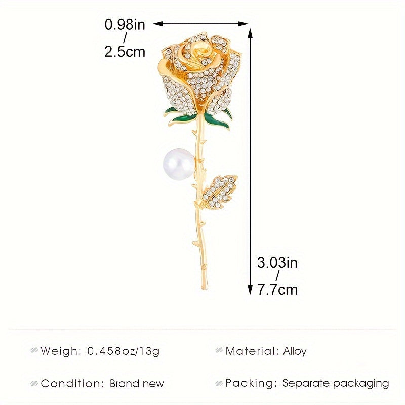 Elegant Rose Flower Brooch with Sparkling Rhinestones & Faux Pearls - Chic Geometric Metal Pin for Women, Perfect for Parties & Gifts
