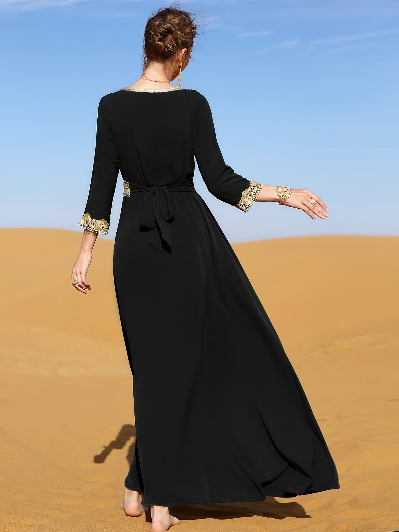 Ramadan Lace Trim V Neck Kaftan, Elegant Long Sleeve 'MH